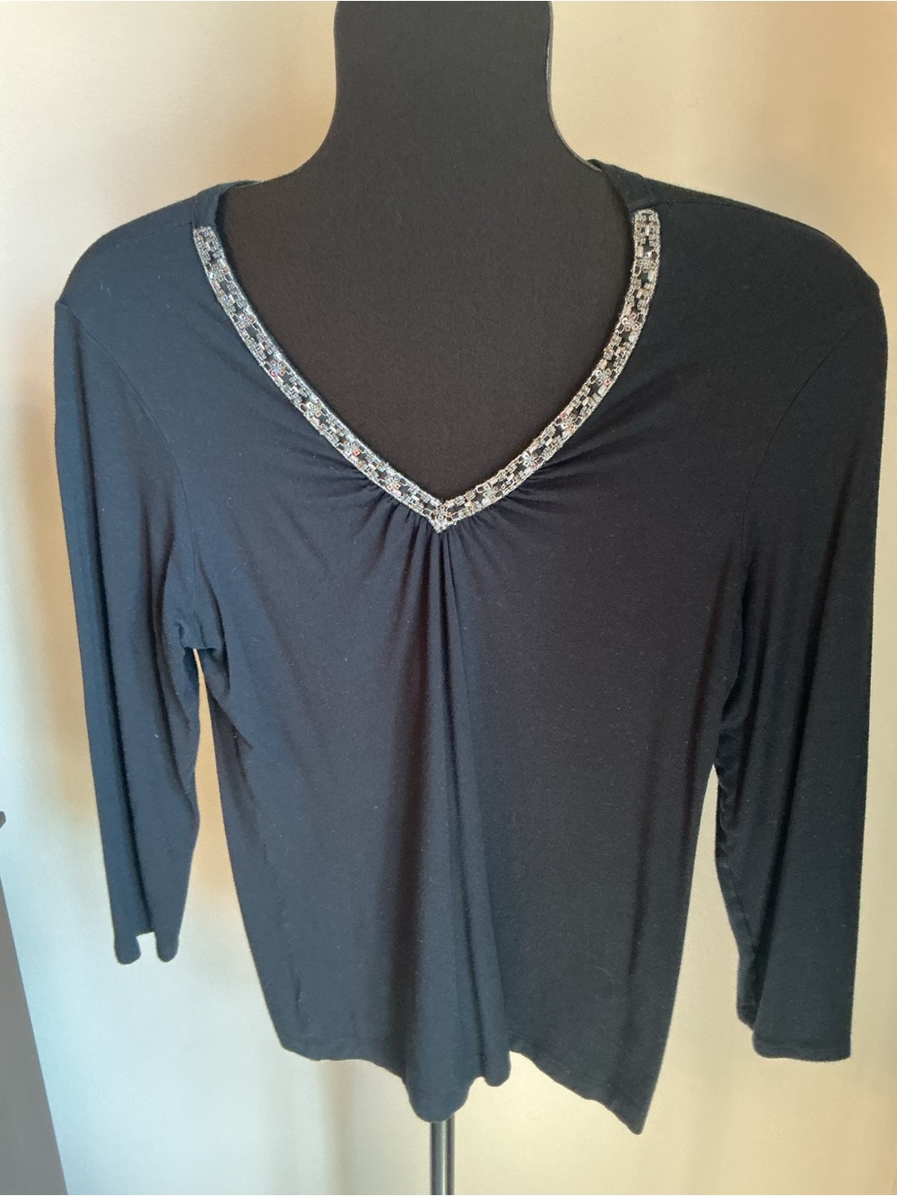 Chico's Black Long-Sleeve V-Neck Top with Crystal Trim